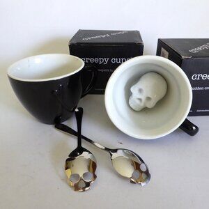 CREEPY CREATURE CUPS GOTHIC SKULL CERAMIC MUGS & SKULL SILVER SPOON SET (NEW)